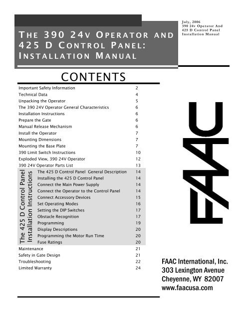 FAAC 390 With 425 MPS Control Panel Manual - Gates