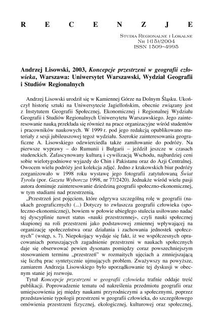 Andrzej Lisowski, 2003, Koncepcje przestrzeni w geografii ...