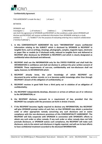 Confidentiality Agreement Template - Molecular Medicine Ireland