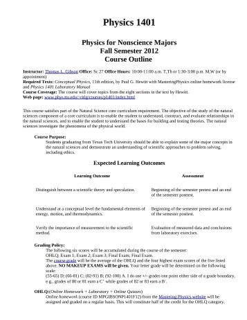 Dr. Gibson's Physics 1401 Course Outline Page - Texas Tech ...