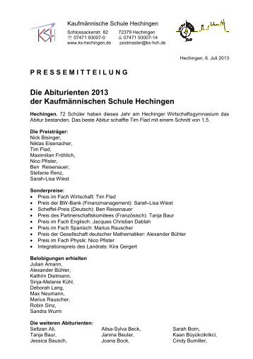 Abiturienten 2013 - kaufmÃ¤nnische Schule Hechingen