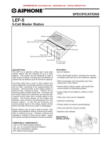 AIPHONE LEF-5 5-Call Selective Master Intercom Station - Lee Dan ...