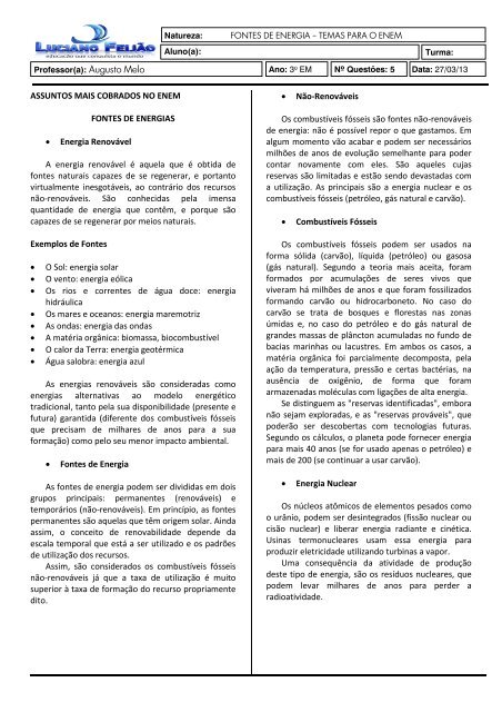 ASSUNTOS MAIS COBRADOS NO ENEM FONTES DE ENERGIAS ...