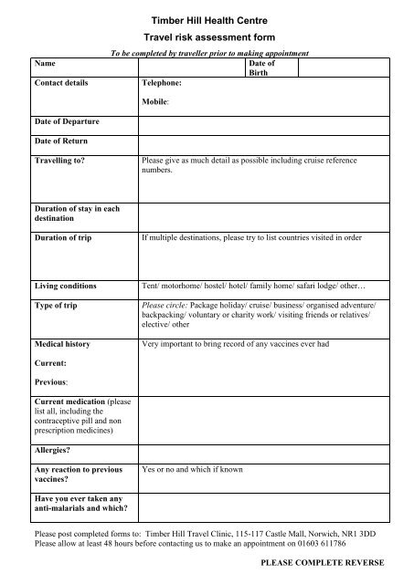 Pre Travel Risk Assessment Form - Timber Hill Health Centre