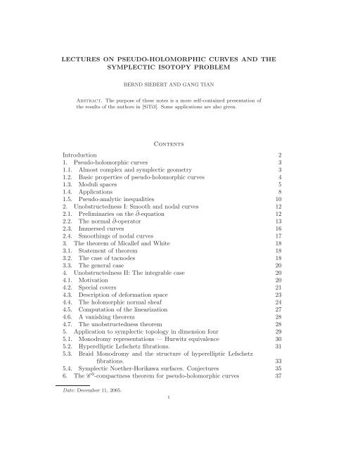 LECTURES ON PSEUDO-HOLOMORPHIC CURVES AND THE ...
