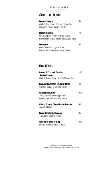 SIGNATURE DRINKS BAR MENU - Bulgari Hotels & Resorts