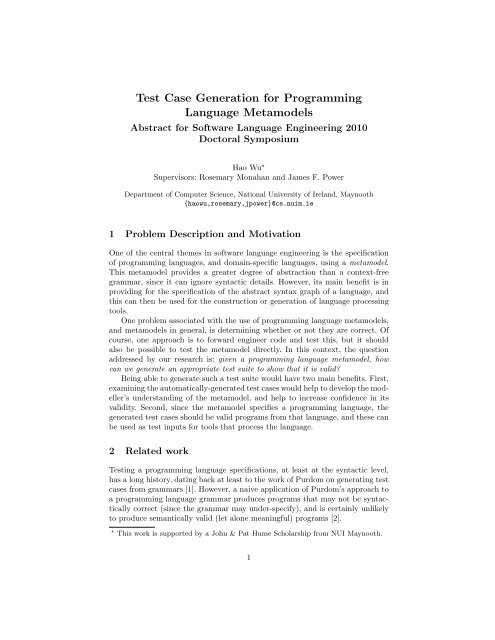 Test Case Generation for Programming Language Metamodels