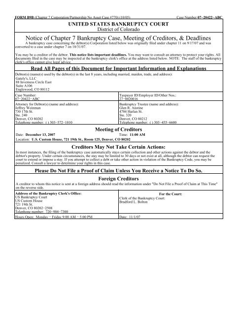 Notice Of Chapter 7 Bankruptcy Case Meeting Of Creditors - 