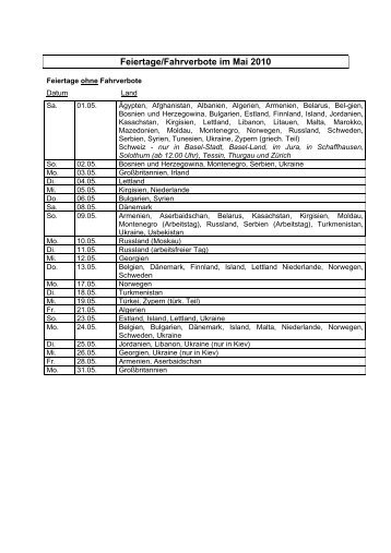 Feiertage/Fahrverbote im Mai 2010