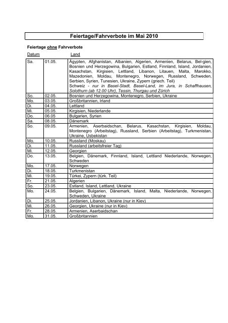 Feiertage/Fahrverbote im Mai 2010