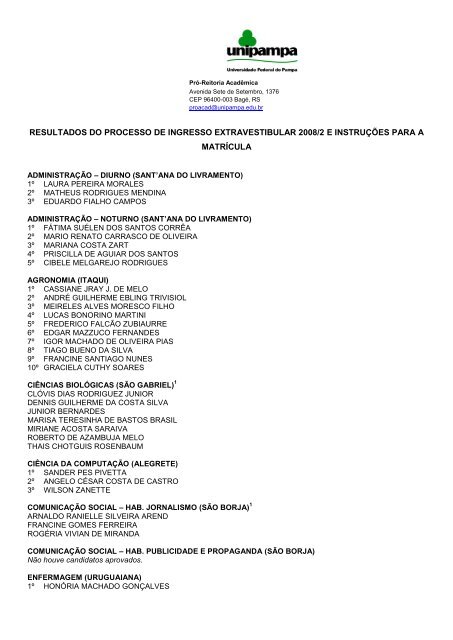 Resultados do Processo de Ingresso Extravestibular ... - Unipampa