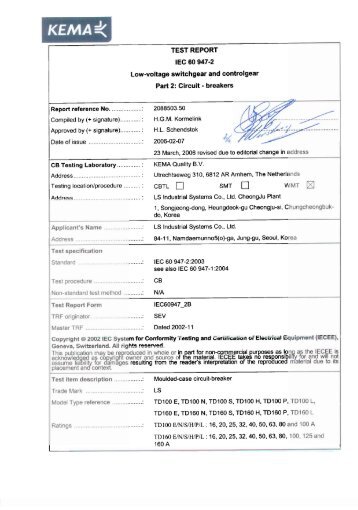 KEMA CB Test Reports for Susol TD 160 2P - West Shore Controls