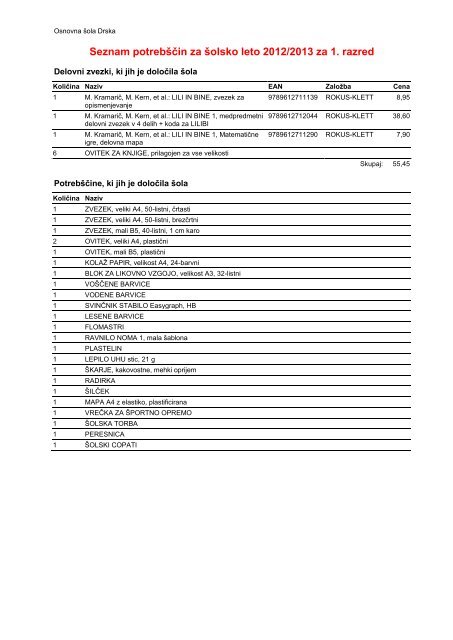 Seznam potrebÅ¡Äin za Å¡olsko leto 2012/2013 za 1. razred