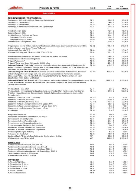 Preisliste Allstar - Fecht-Sport H. Lieffertz Köln