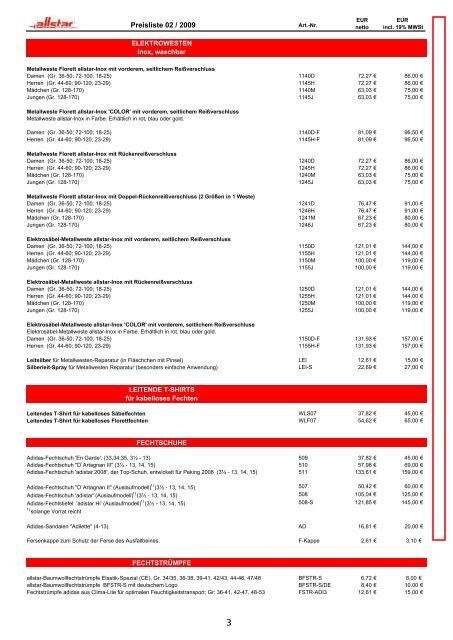 Preisliste Allstar - Fecht-Sport H. Lieffertz Köln