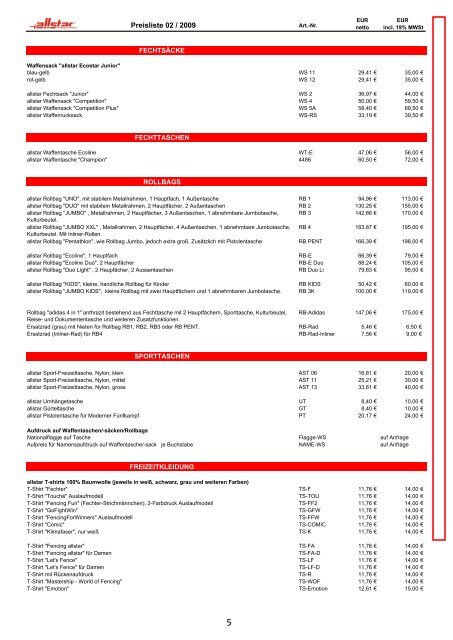 Preisliste Allstar - Fecht-Sport H. Lieffertz Köln