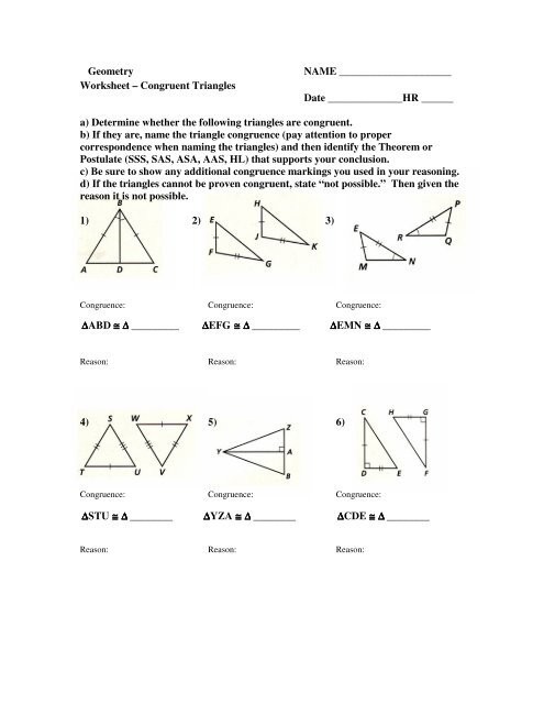 Worksheet - Congruent Triangles