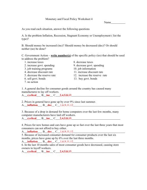 Monetary and Fiscal Policy Worksheet 4 - Moon Valley High School