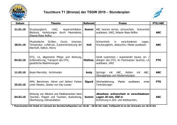 Tauchkurs T1 (Bronze) der TSGW 2006 â Stundenplan