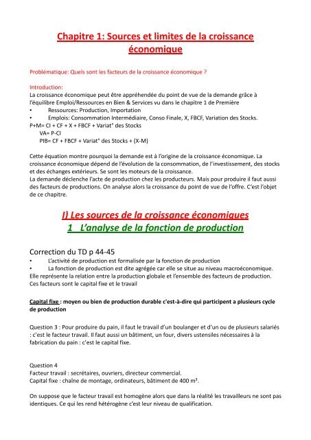 Chapitre 1: Sources et limites de la croissance Ã©conomique I) Les ...