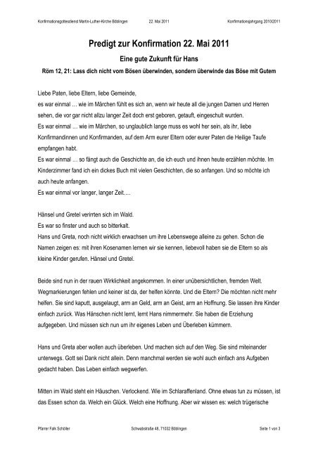 Predigt Zur Konfirmation 22 Mai 11 Martin Luther Gemeinde
