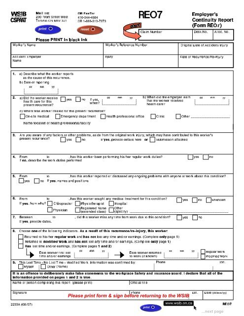 Employer s Continuity Report (Form REO7) - wsib