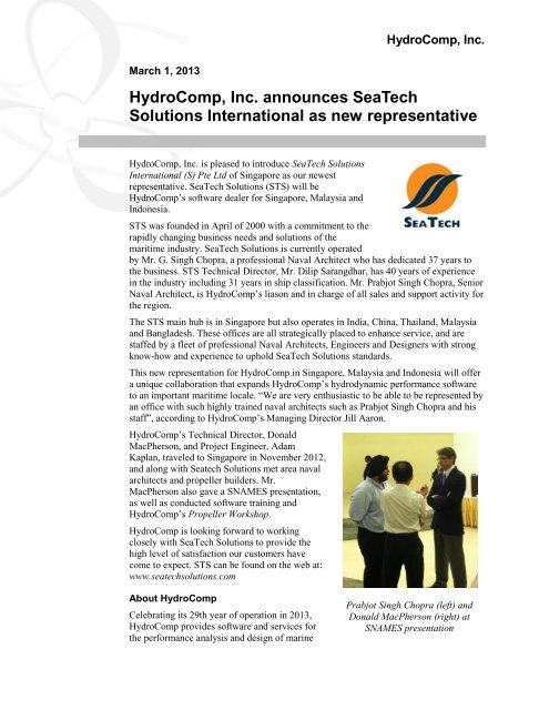 HydroComp, Inc. announces SeaTech Solutions International as ...
