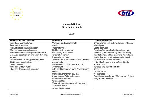 Niveaudefinition Slowakisch - Bfi