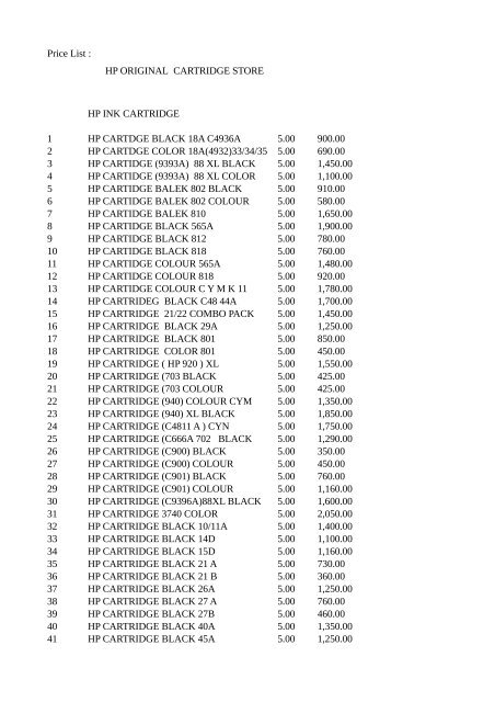 Price List : HP ORIGINAL CARTRIDGE STORE HP INK ... - Imimg
