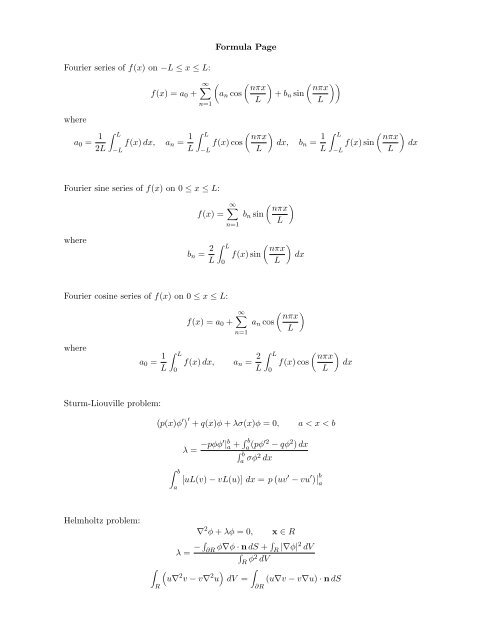 Formula Page Fourier Series Of F X