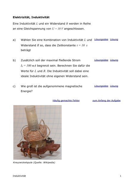 Elektrizität, Induktivität Eine Induktivität L und ein Widerstand R ...