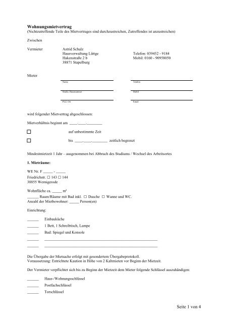 Seite 1 von 4 Wohnungsmietvertrag - Studentenwohnungen-Harz