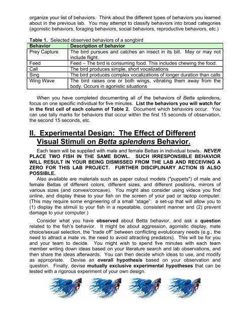 Developing an Experimental Protocol: Agonistic Behavior in Betta ...