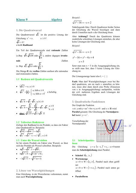 Formelsammlung Algebra 9 - Evangelisches Gymnasium ...