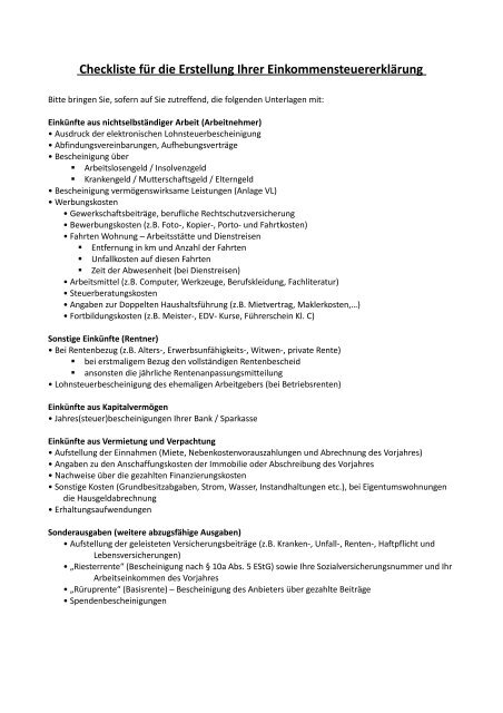 Checkliste Fa R Die Erstellung Ihrer Einkommensteuererkla Rung