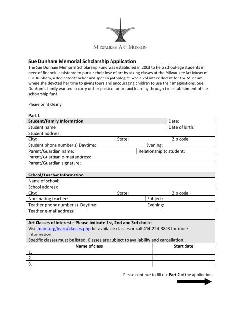Sue Dunham Memorial Scholarship Application - Milwaukee Art ...