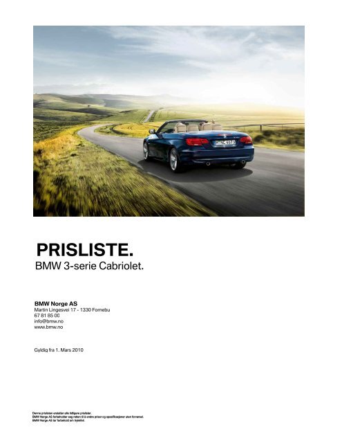 E93 - 3-serie Cabriolet 03_2010 Veiledende prisliste PDF ... - BMW