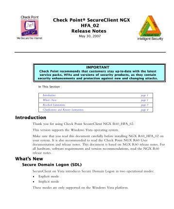 Check Point® Secureclient NGX HFA 02 Release Notes Introduction