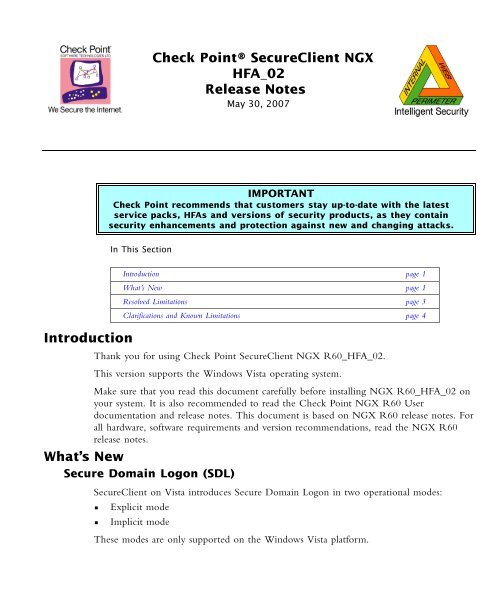 Check Point® Secureclient NGX HFA 02 Release Notes Introduction