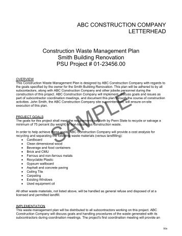 Construction proj Waste Management Plan - SAMPLE