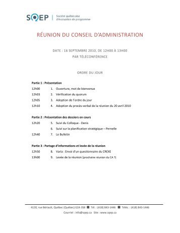 Ordre du jour et ProcÃ¨s-verbal de la rÃ©union du 16 septembre 2010