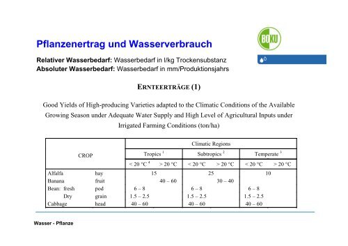 Pflanzenertrag und Wasserverbrauch