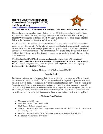 Henrico County Sheriff's Office Correctional Deputy - Virginia State ...