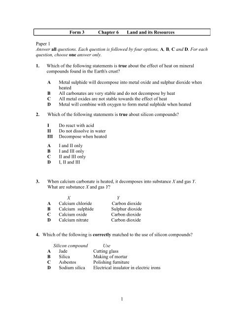 1 Form 3 Chapter 6 Land And Its Resources Paper 1 Answer All