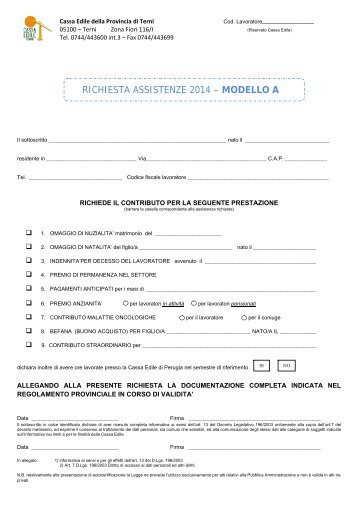 richiesta assistenze 2013 – modello a - Iscrizione - Cassa Edile di ...
