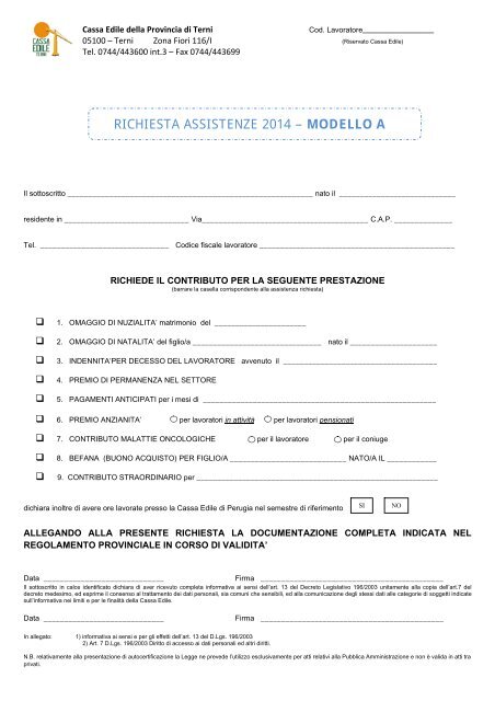 Richiesta Assistenze 2013 Modello A Iscrizione Cassa