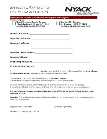 sponsor's affidavit of free room and board instructions - Nyack College