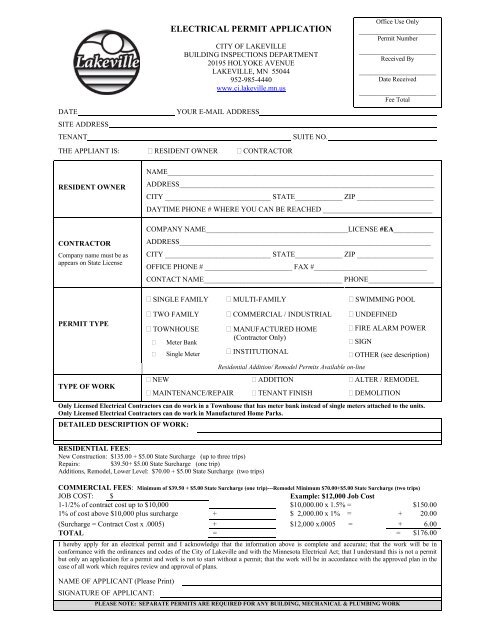 Commercial electrical permit application - City of Lakeville