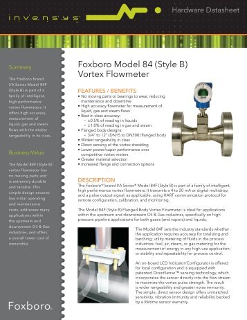 Foxboro Model 84 (Style B) Vortex Flowmeter - Invensys