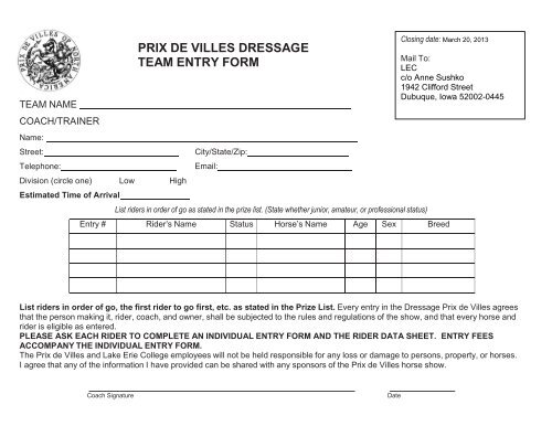 Prix De Villes Dressage Team Entry Form Lake Erie College
